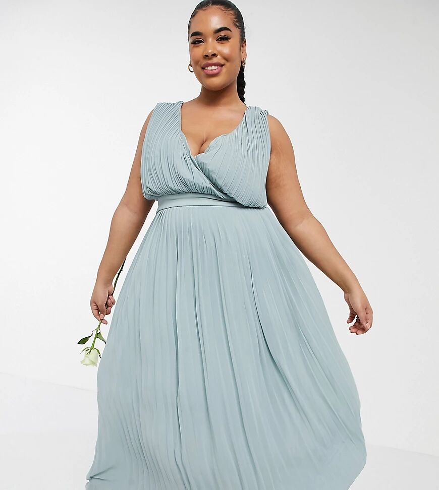 TFNC Plus bridesmaid pleated wrap front midaxi dress in sage-Green  Green