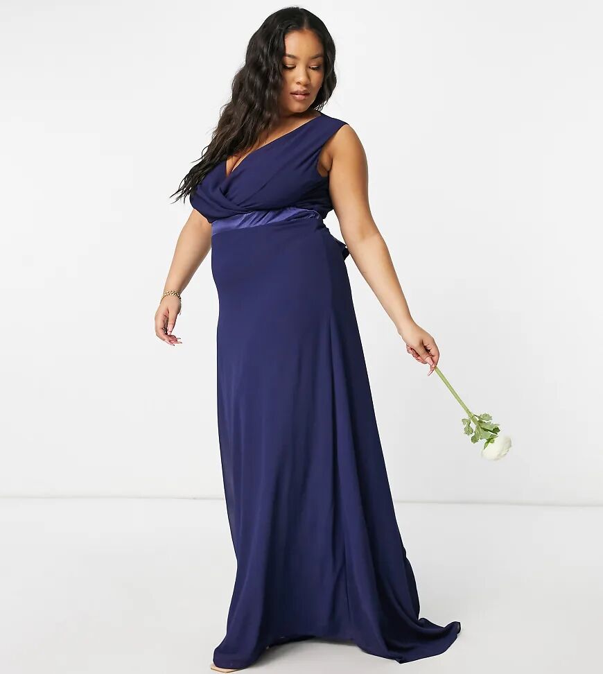 TFNC Plus bridesmaid plunge front bow back maxi dress in navy  Navy