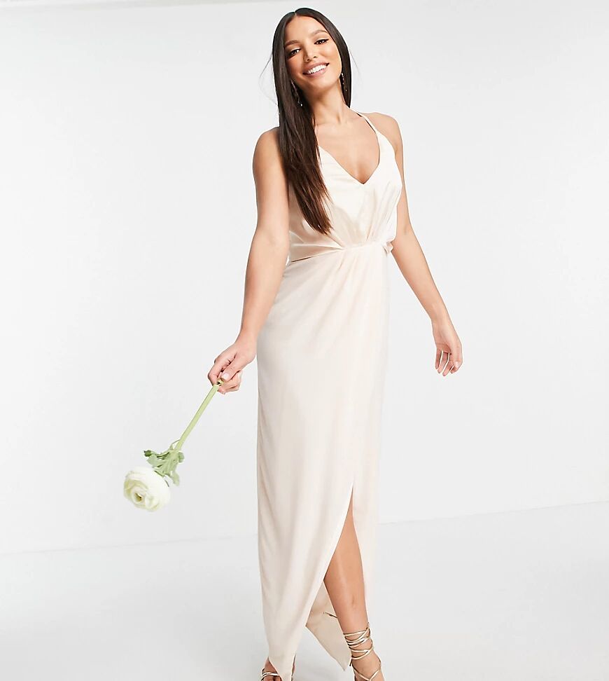 TFNC Tall bridesmaid satin halterneck top maxi dress in light blush-White  White