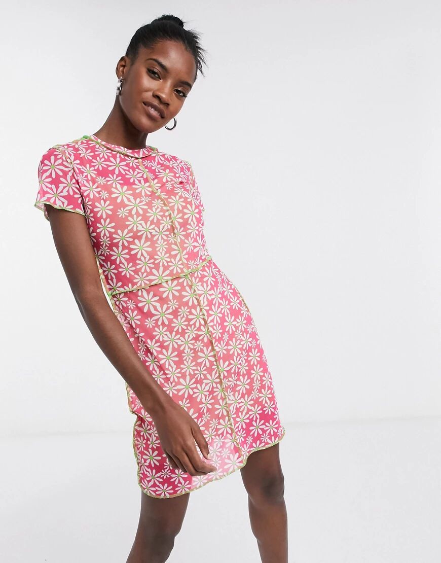 The Ragged Priest bodycon mini dress with contrast seams in daisy print mesh-Pink  Pink