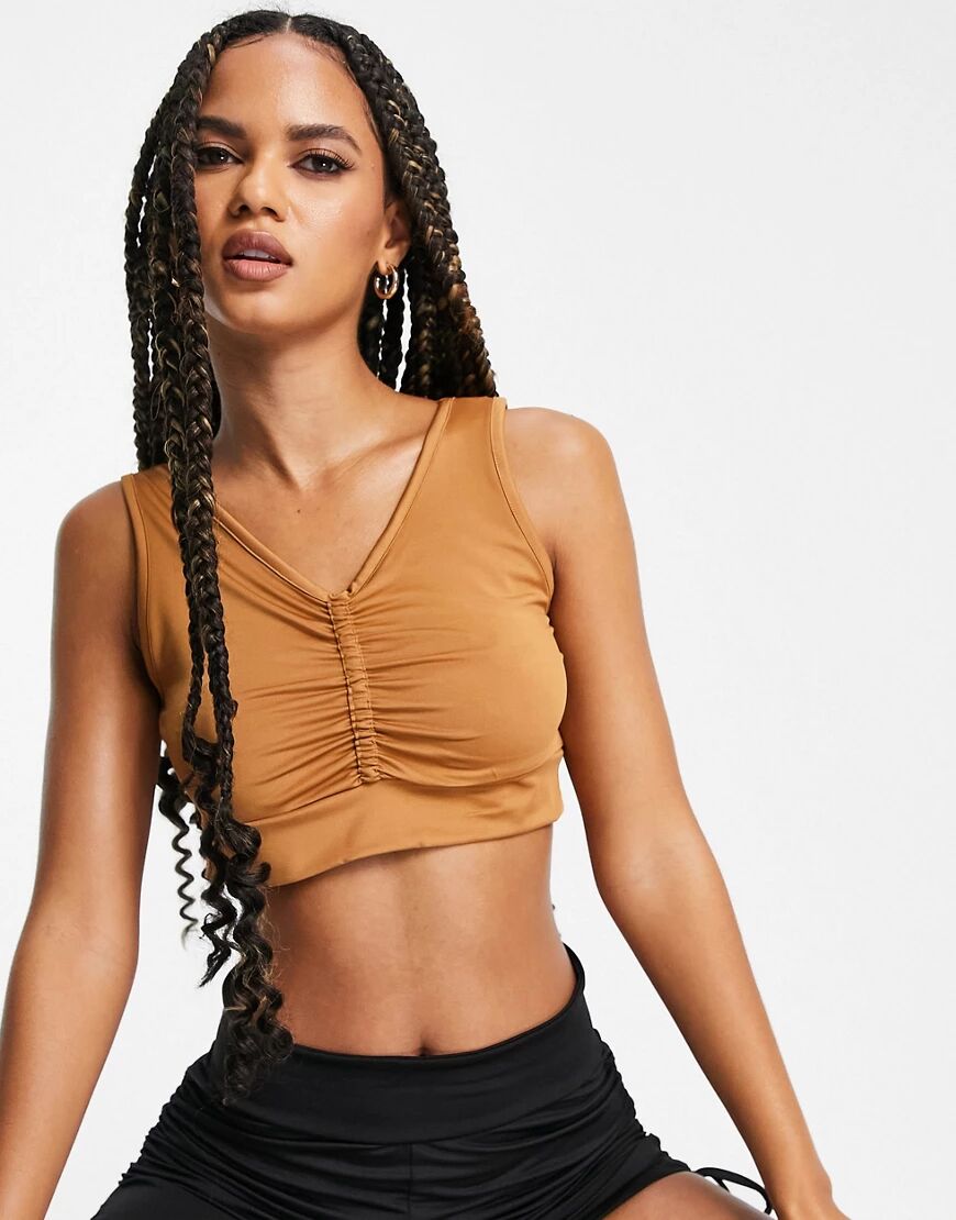 Threadbare Fitness ruched front gym crop top in camel-Neutral  Neutral