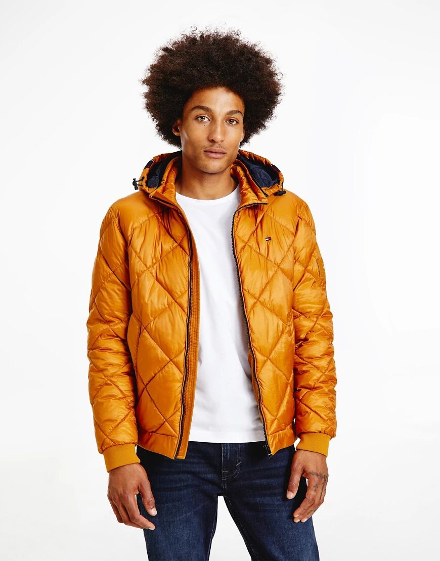 Tommy Hilfiger diamond quilted hooded puffer jacket in gold  Gold