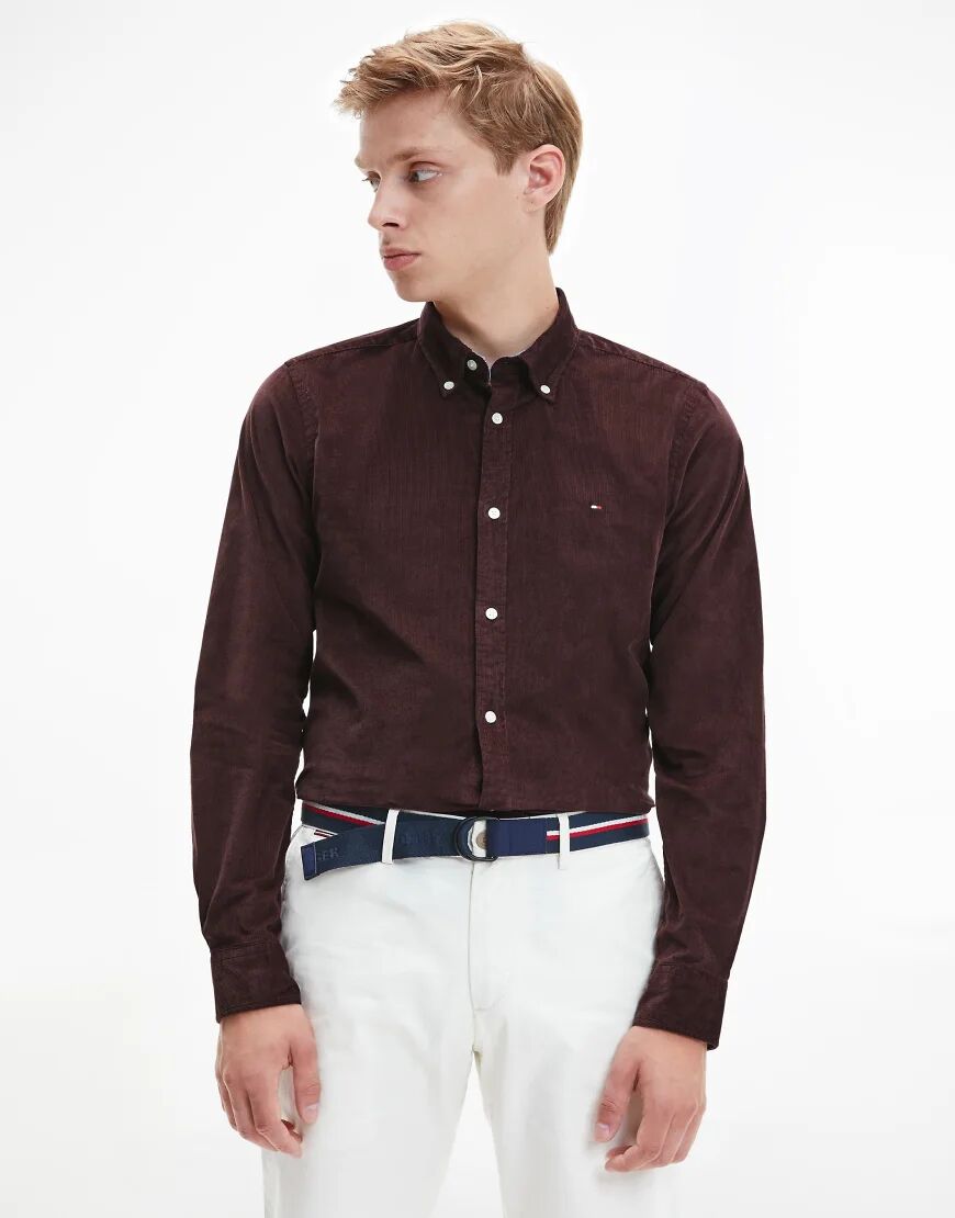 Tommy Hilfiger icon logo slim fit flex cord shirt in burgundy-Red  Red