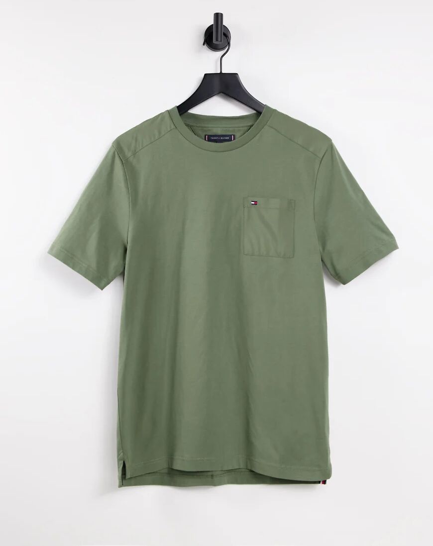 Tommy Hilfiger mixed media pocket t-shirt in dark green  Green