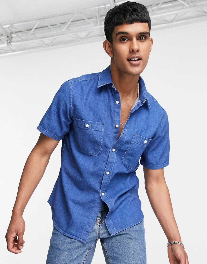 Tommy Hilfiger short sleeve denim shirt in mid wash blue  Blue