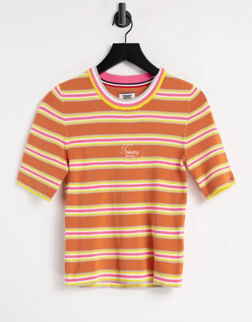 Tommy Jeans cropped stripe t-shirt in orange  Orange