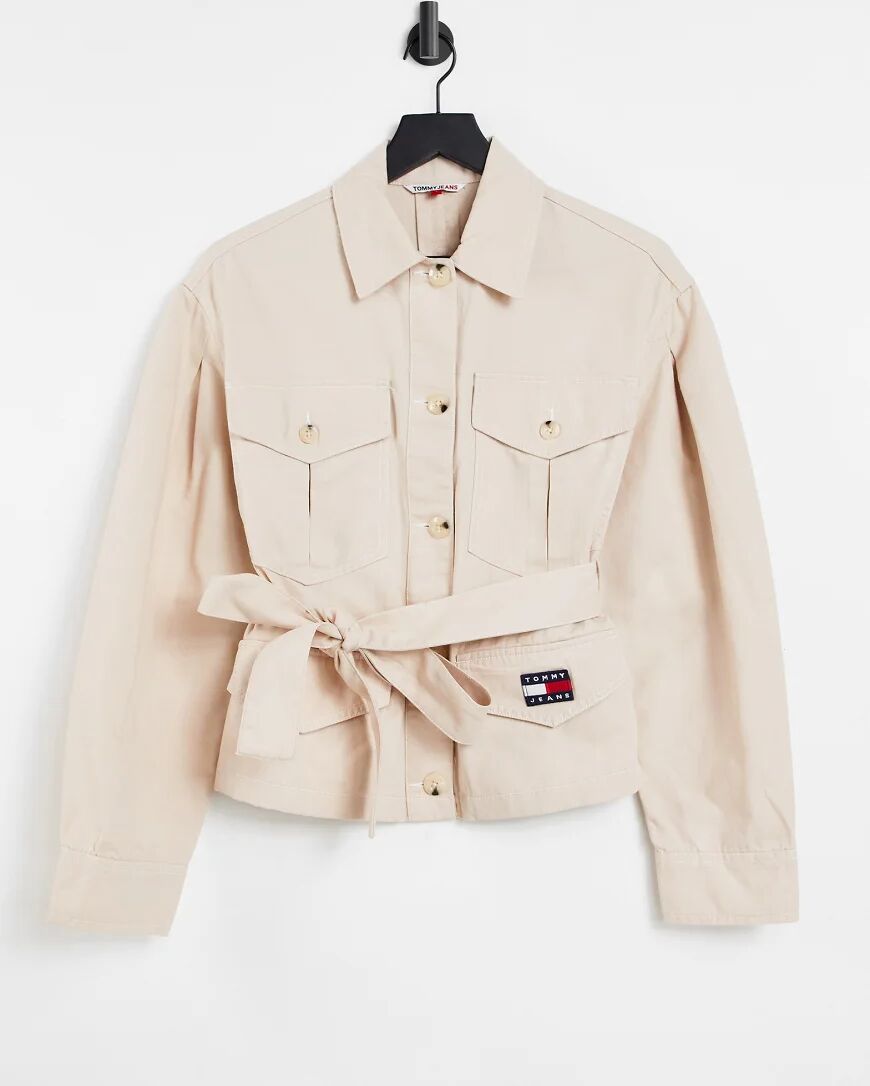 Tommy Jeans flag logo belted overshirt in beige-Neutral  Neutral