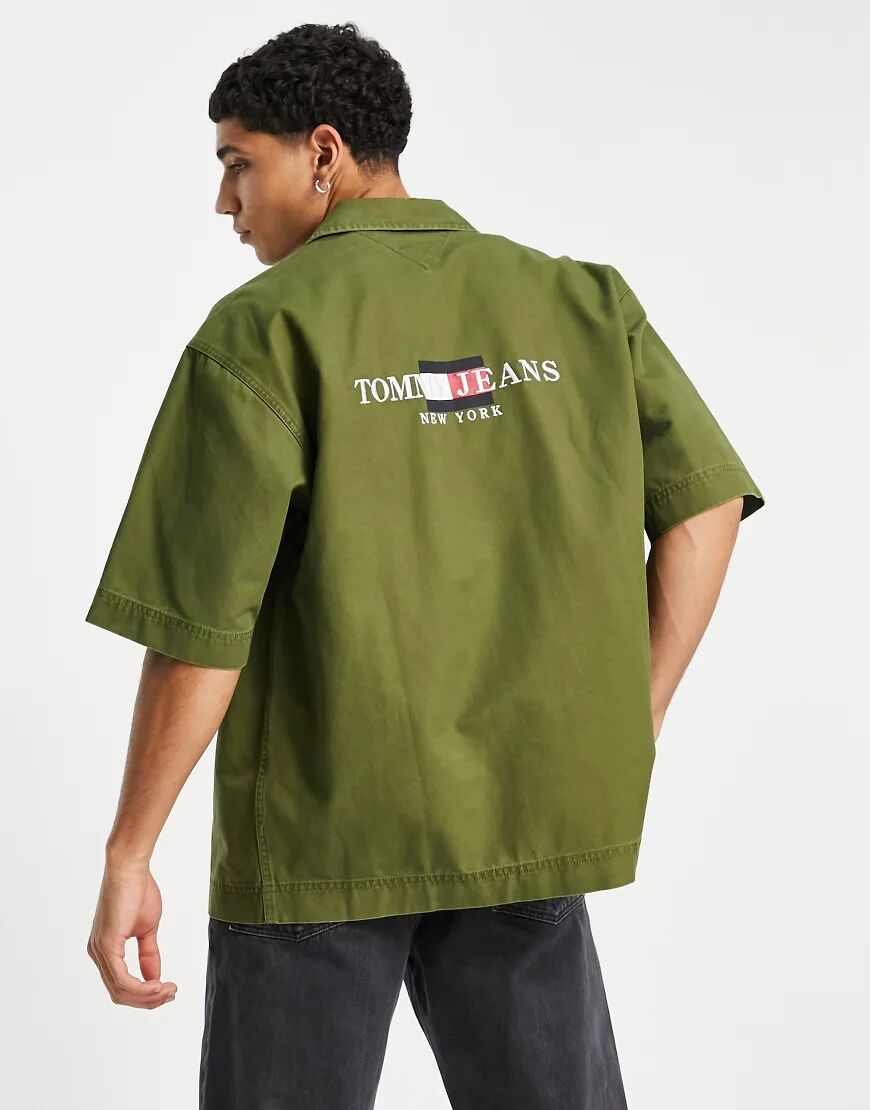 Tommy Jeans flag logo half sleeve worker overshirt in olive green  Green