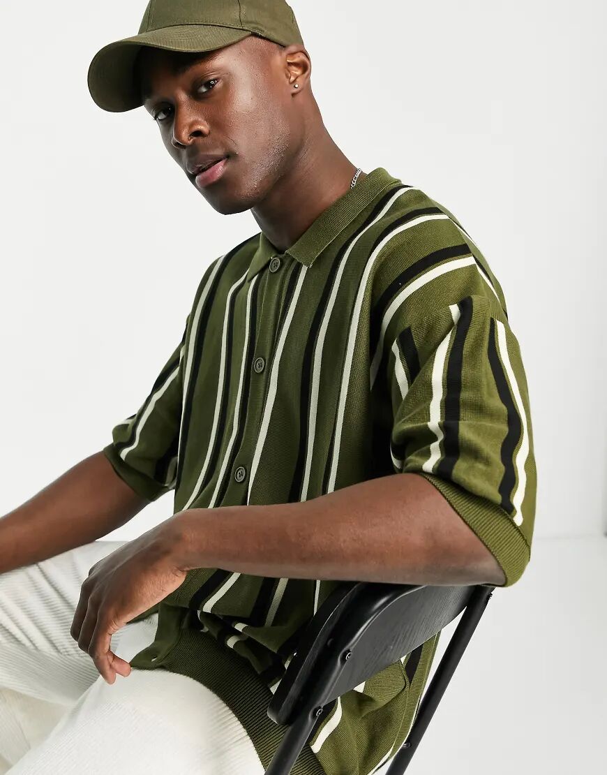 Topman boxy stripe knitted overshirt in khaki-Green  Green