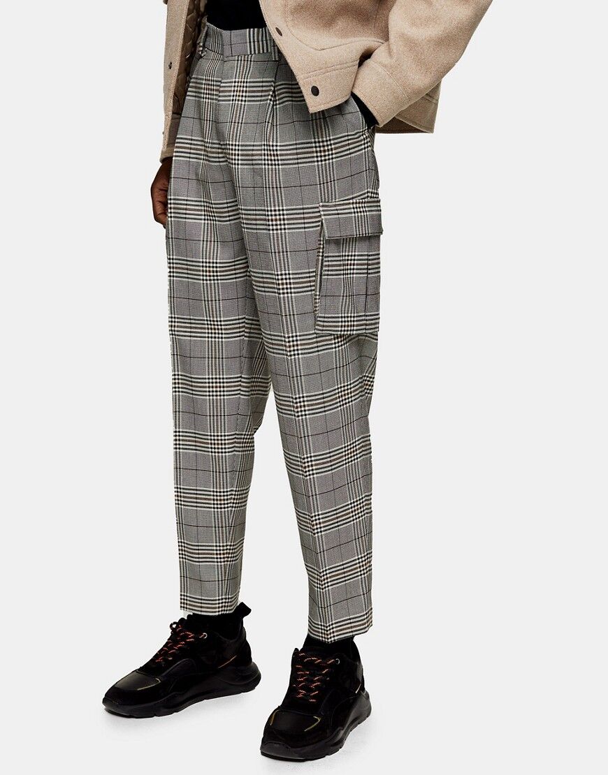 Topman check cargo tapered trousers in grey-Multi  Multi