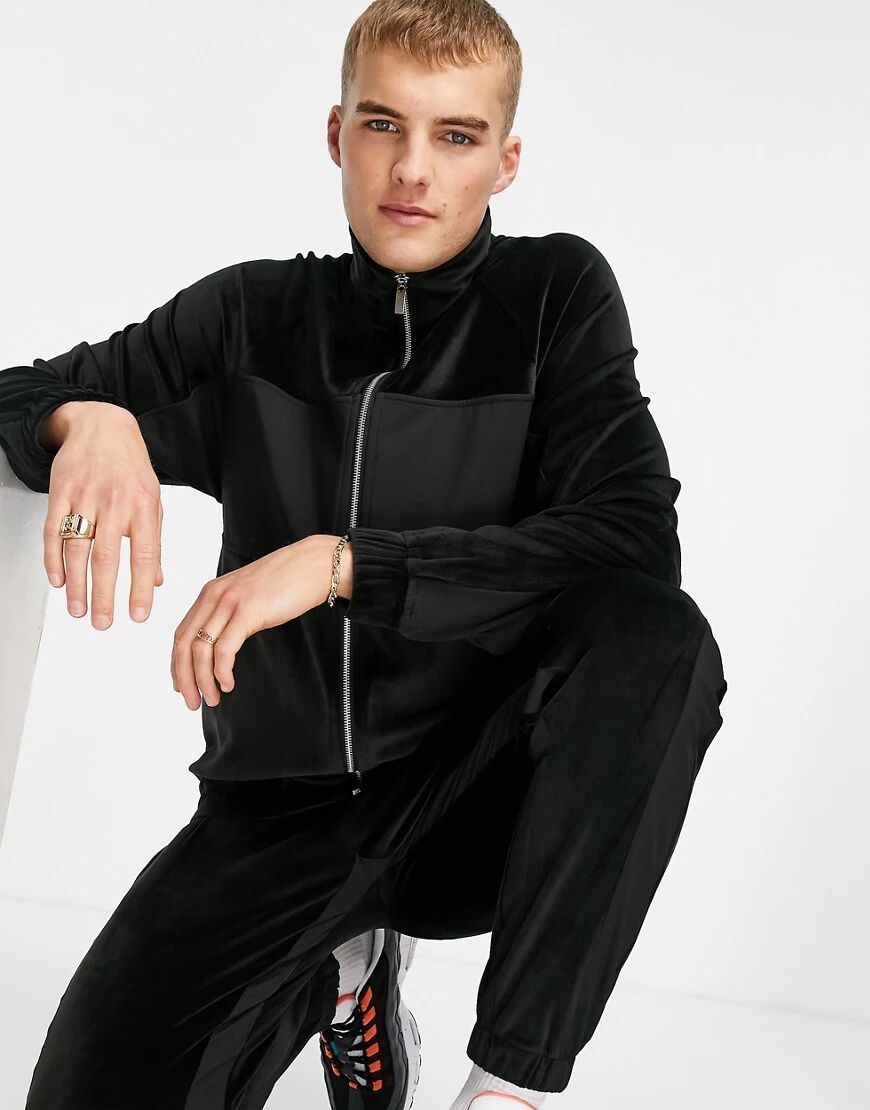 Topman co-ord colour block velour funnel zip in black  Black