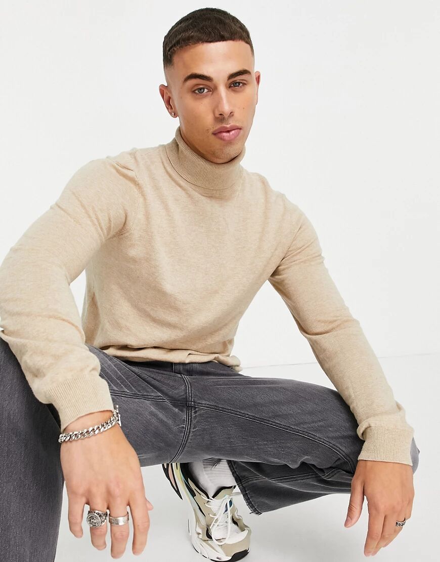 Topman knitted roll neck jumper in stone marl-Neutral  Neutral