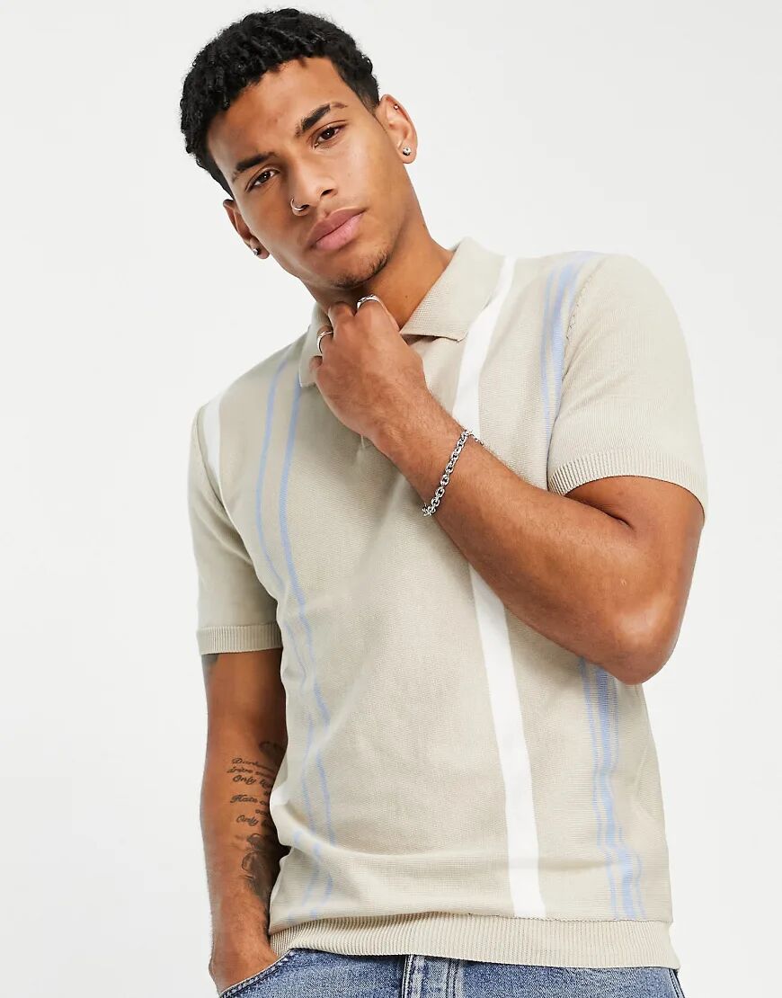 Topman knitted stripe polo in stone and blue-Neutral  Neutral