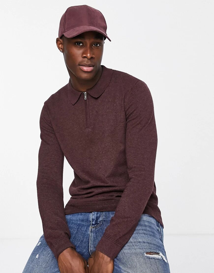 Topman long sleeve knitted zip polo in burgundy-Red  Red