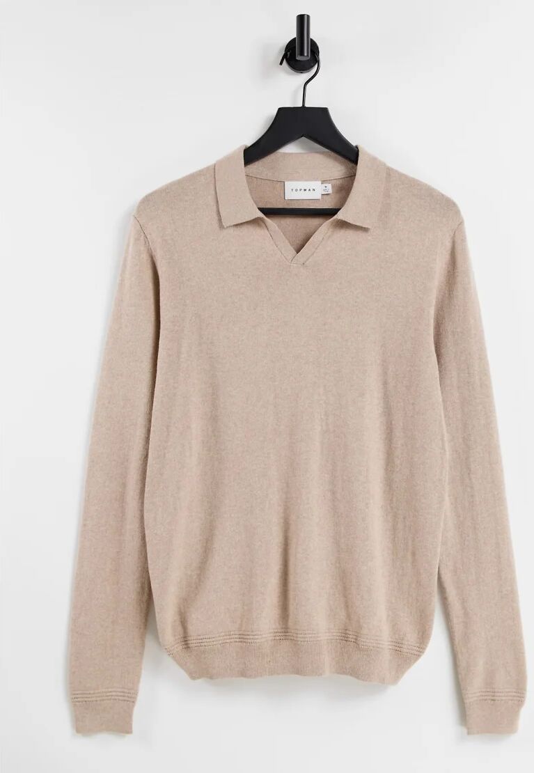 Topman long sleeve open collar knitted polo in stone-Neutral  Neutral