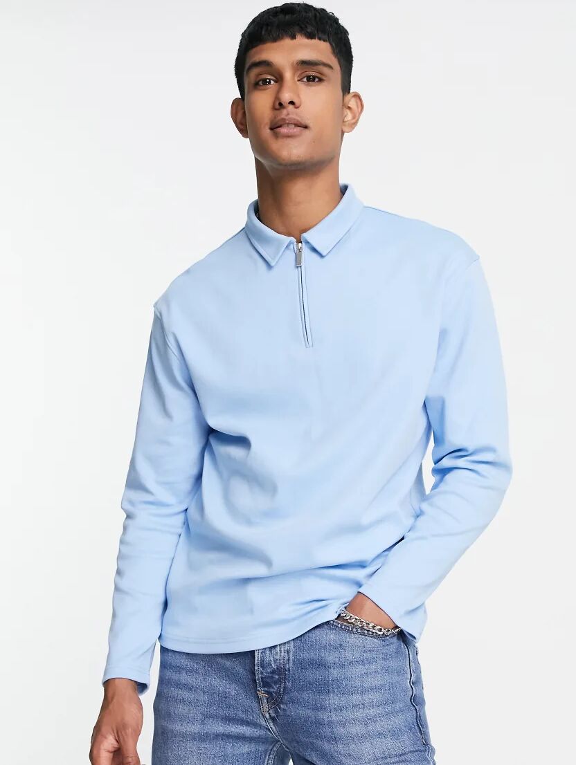 Topman long sleeved jersey zip polo in blue  Blue