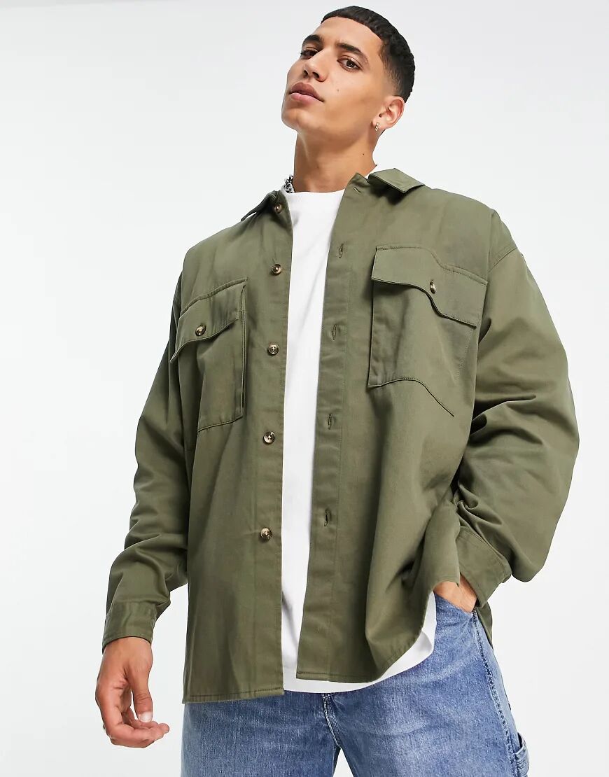 Topman oversized overshirt in khaki-Green  Green