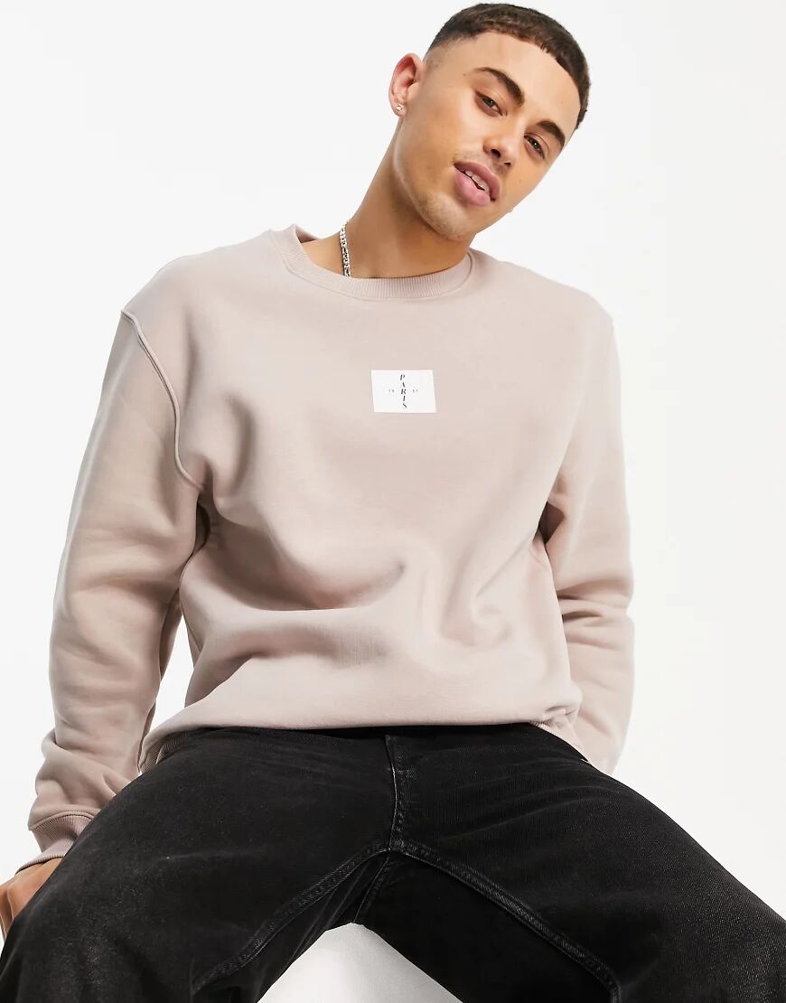 Topman Paris woven badge sweatshirt in camel-Neutral  Neutral