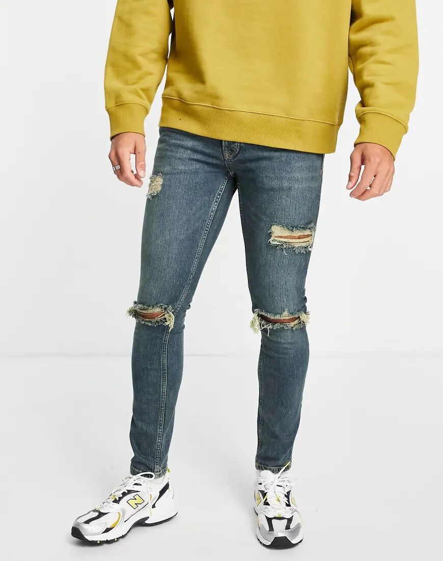 Topman rip stretch skinny jeans in green cast mid wash-Blue  Blue