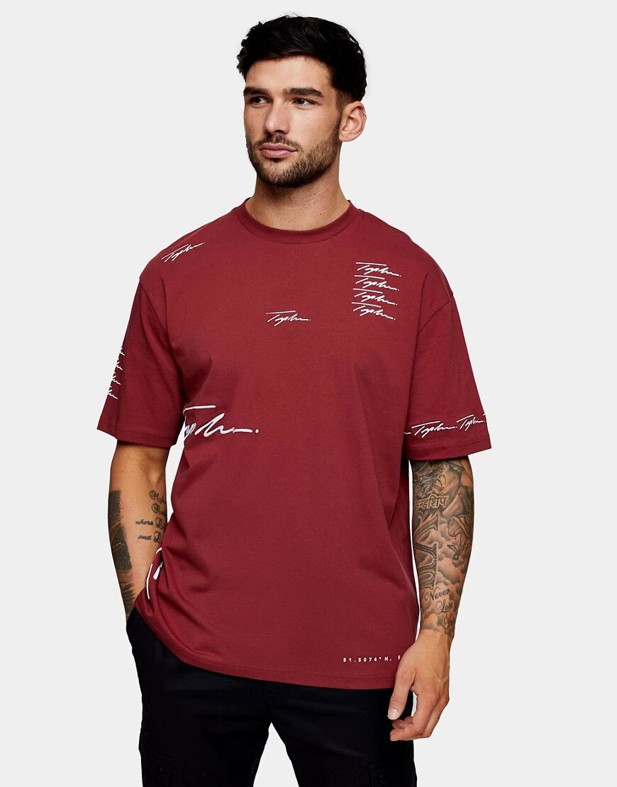 Topman signature print t-shirt in burgundy-Red  Red