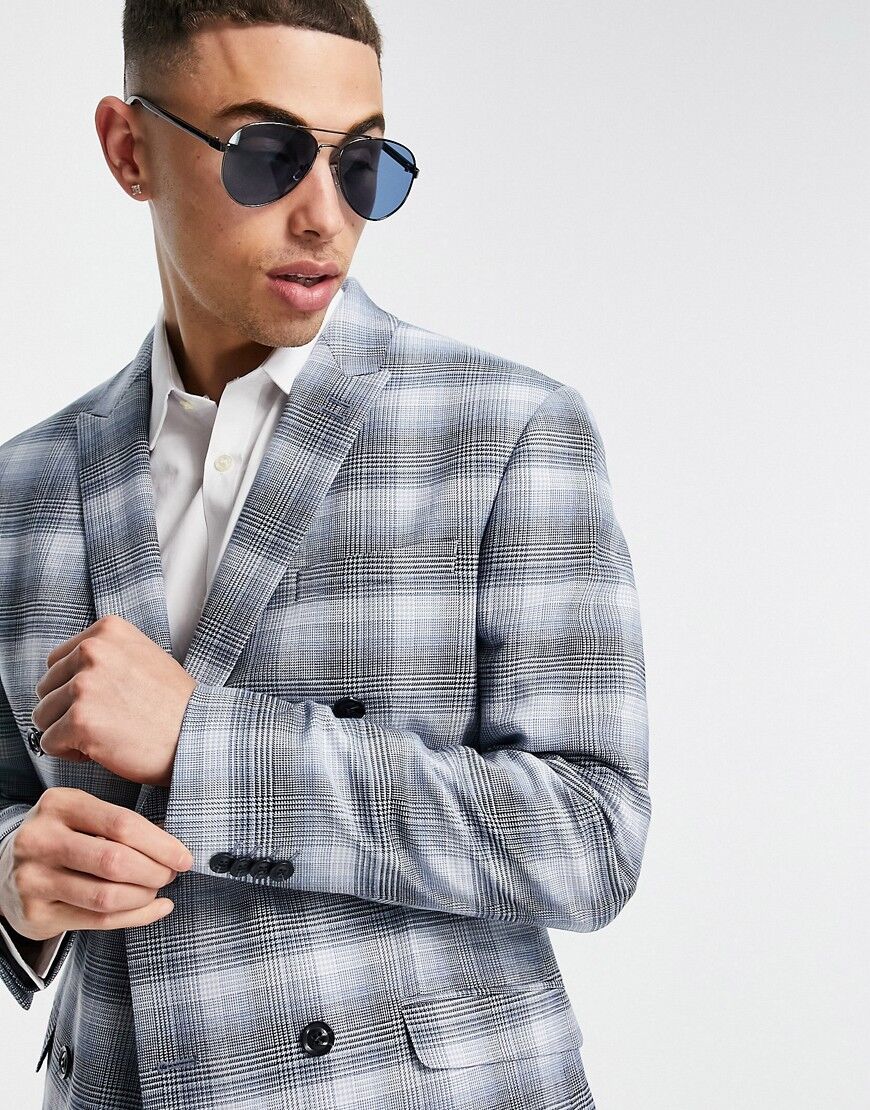 Topman skinny double breasted suit jacket in blue check  Blue