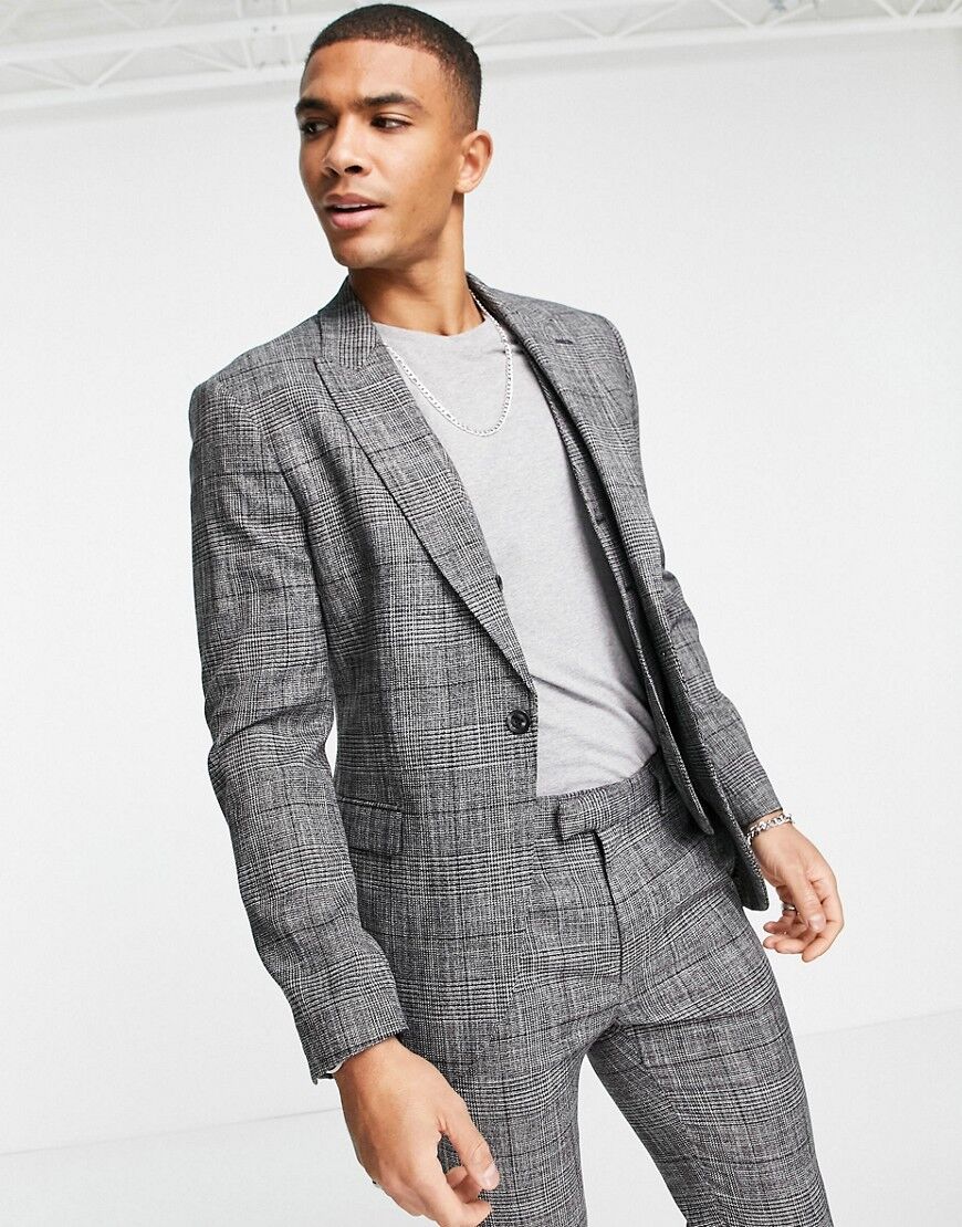 Topman skinny double breasted suit jacket in grey check  Grey