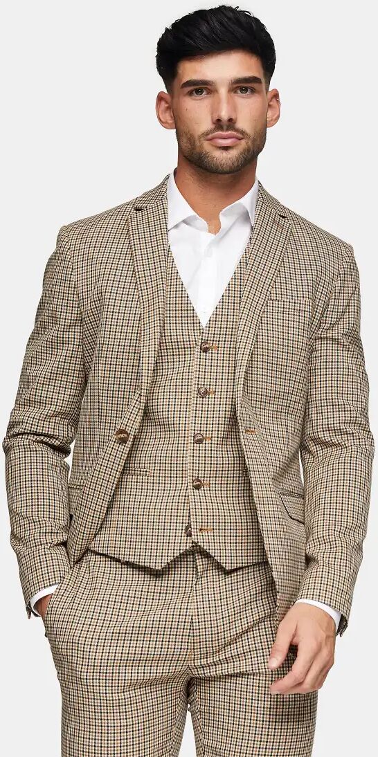 Topman skinny single breasted suit jacket in stone check-Neutral  Neutral