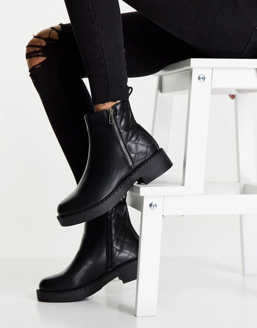 Truffle Collection side zip ankle boots with quilting in black  Black