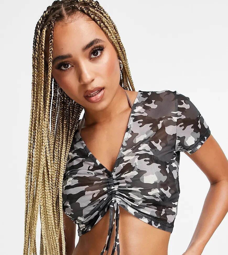 Twiin Exclusive ruched front mesh beach top in camo print-Multi  Multi