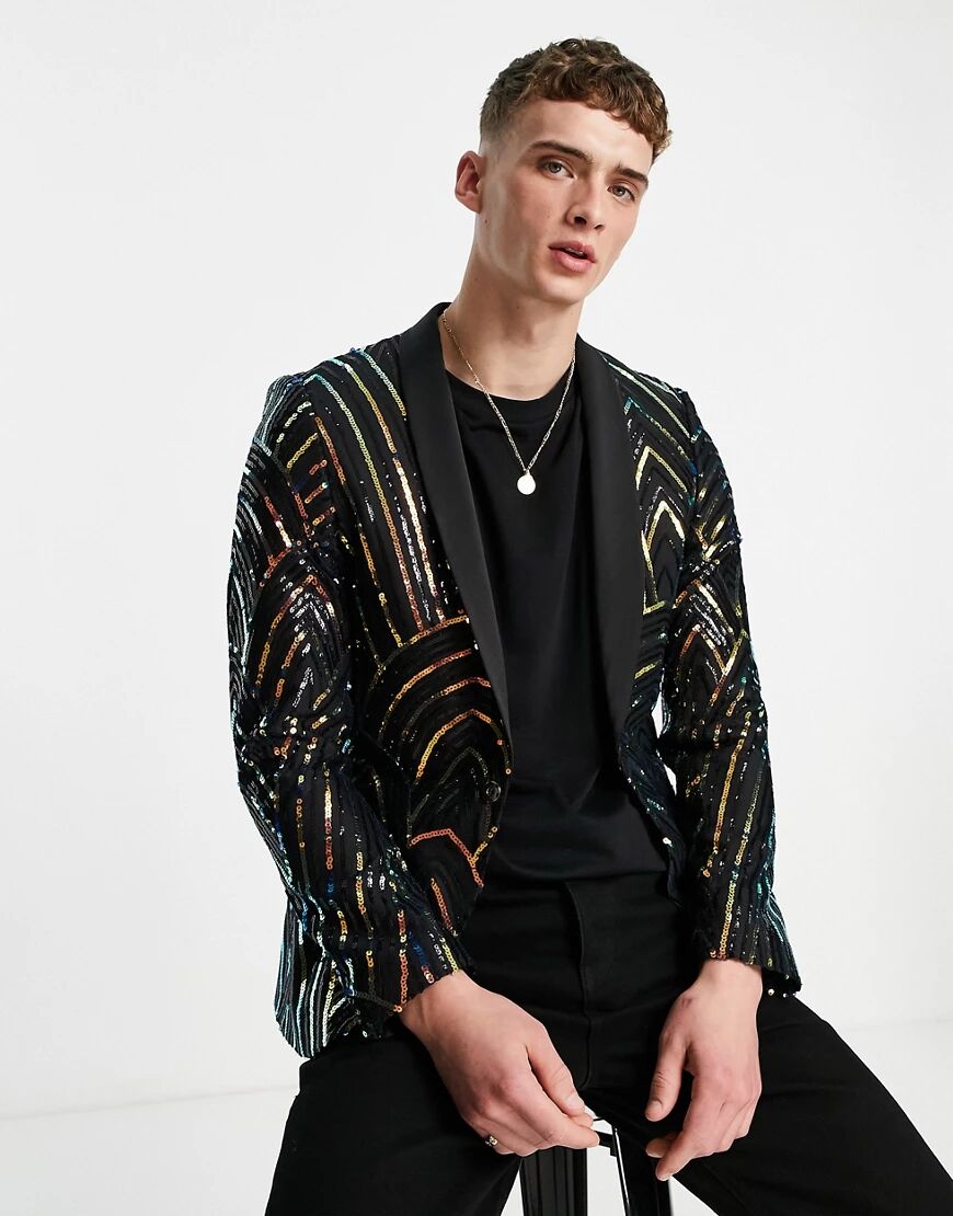 Twisted Tailor suit jacket in black with rainbow geometric sequin design-Multi  Multi
