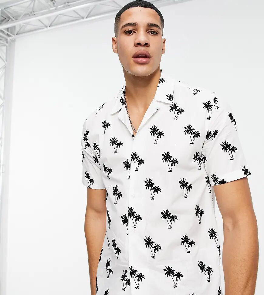 Twisted Tailor Tall short sleeve shirt in white with palm tree flocking and revere collar  White