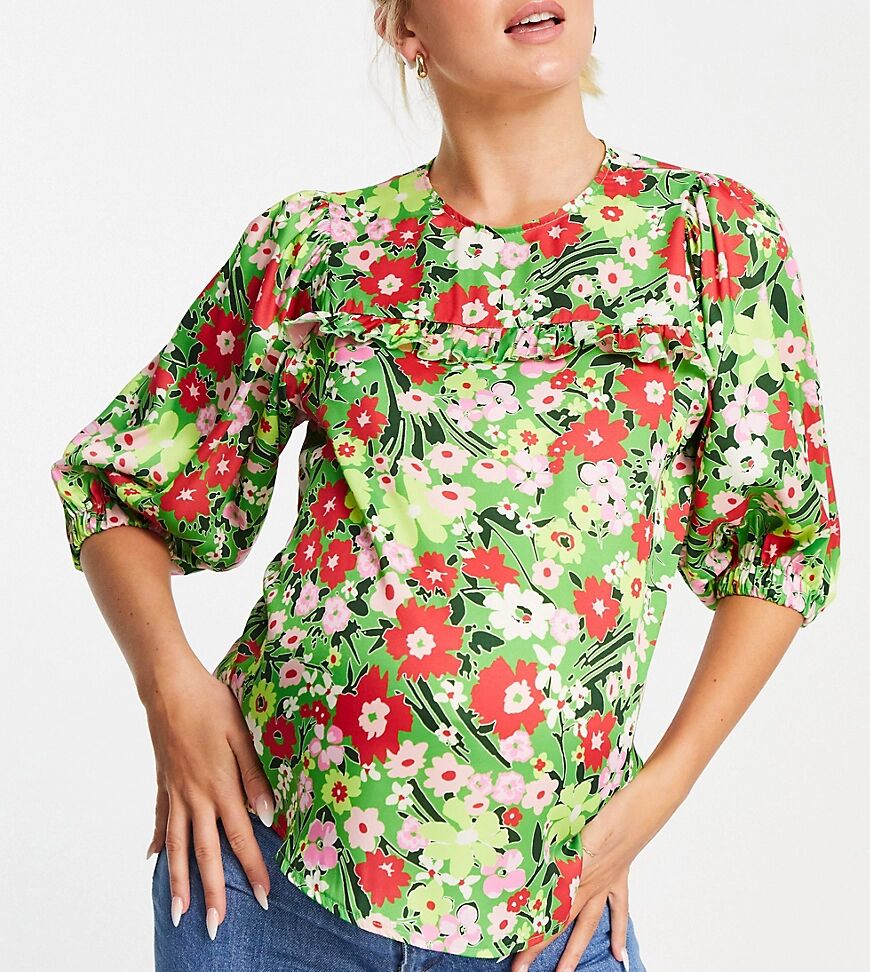Twisted Wunder Maternity puff sleeve blouse in green base painted floral-Multi  Multi