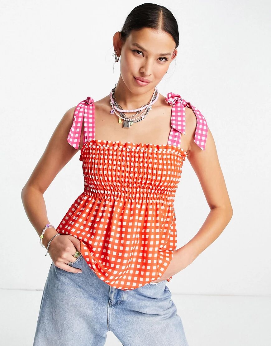 Twisted Wunder smock top with tie straps in contrast red check-Multi  Multi