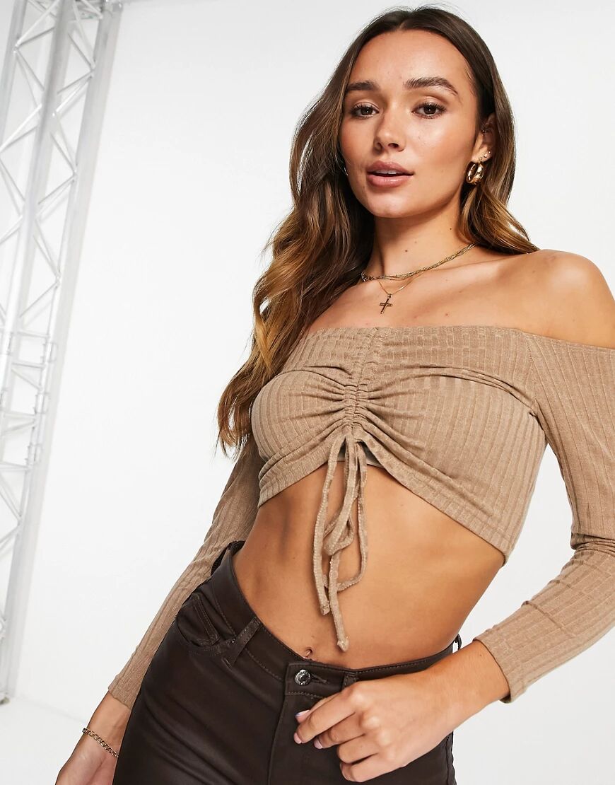 Unique21 bardot ribbed ruched front cropped top in camel-White  White