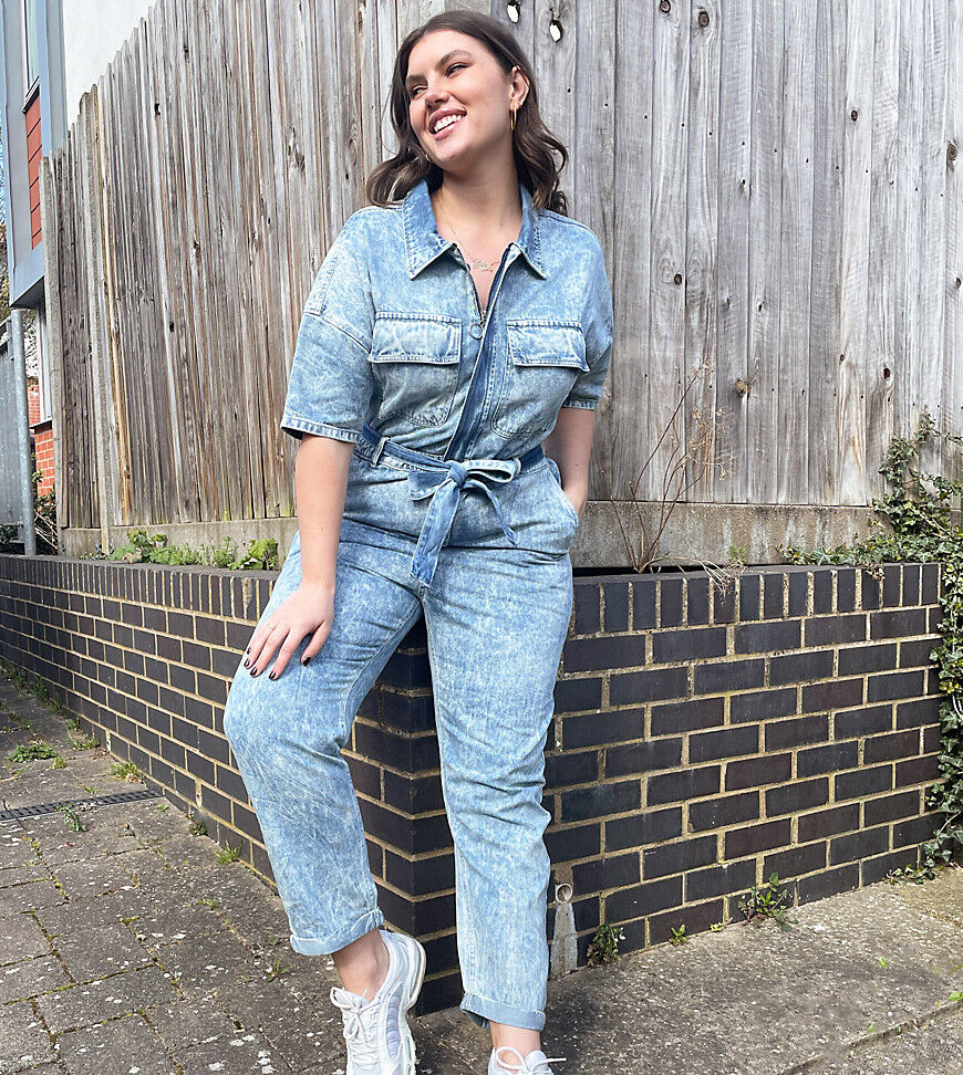 Urban Bliss Plus short sleeve boilersuit in acid wash-Blue  Blue