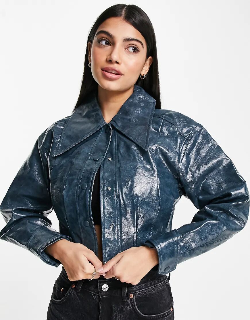 Urban Revivo faux leather short jacket in blue  Blue