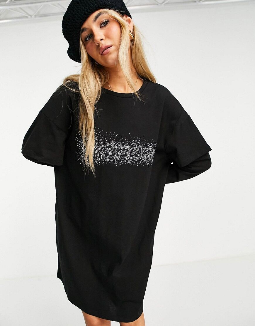 Urban Revivo slogan t-shirt mini dress in black  Black