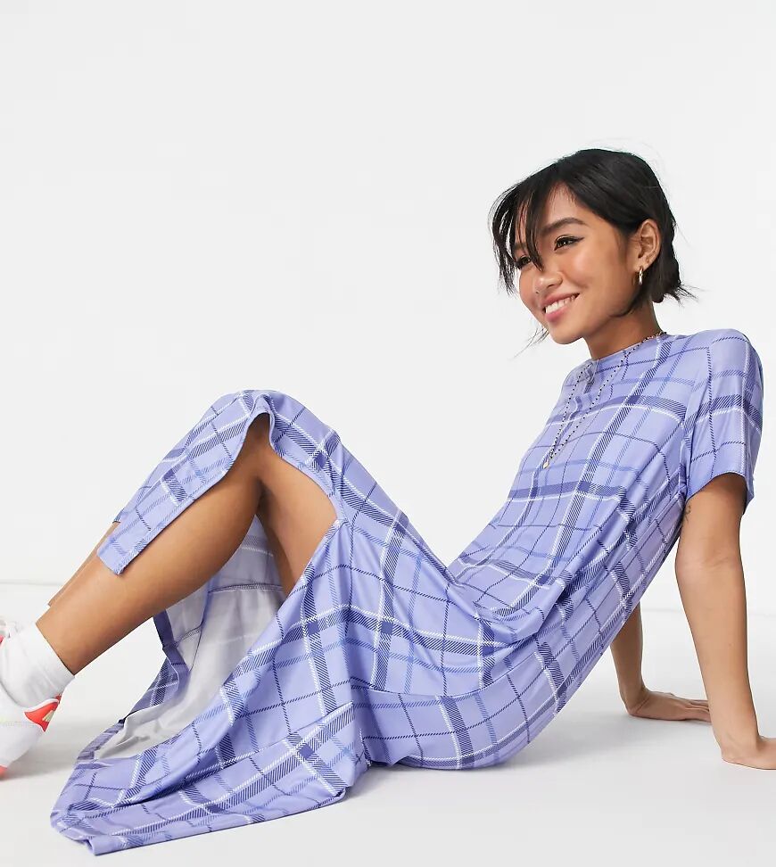 Urban Threads Petite midi t-shirt dress in blue check print  Blue