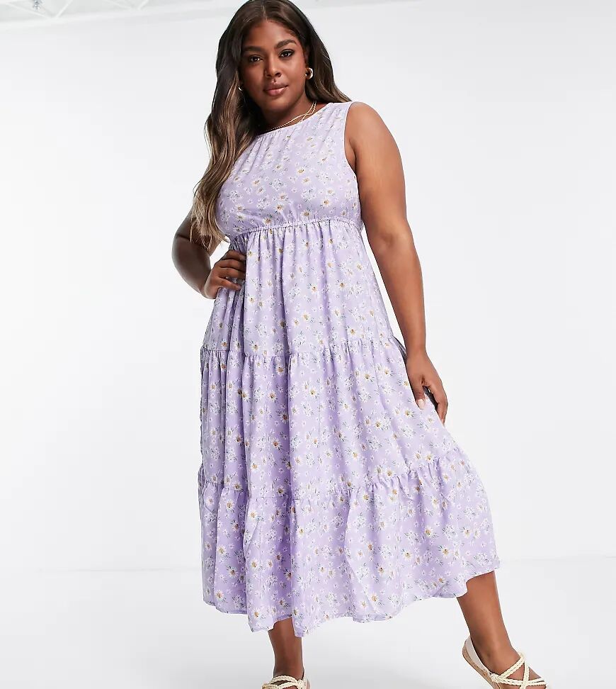 Urban Threads Curve Urban Threads Plus sleeveless tiered summer dress in daisy print-Purple  Purple