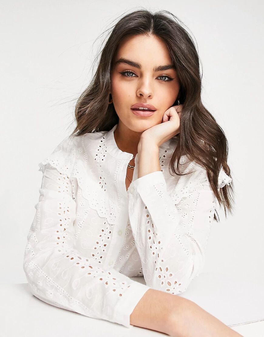 Vero Moda broderie ruffle shirt in white  White