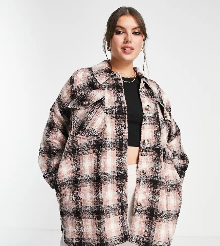 Vero Moda Curve oversized shacket in pink check-Multi  Multi