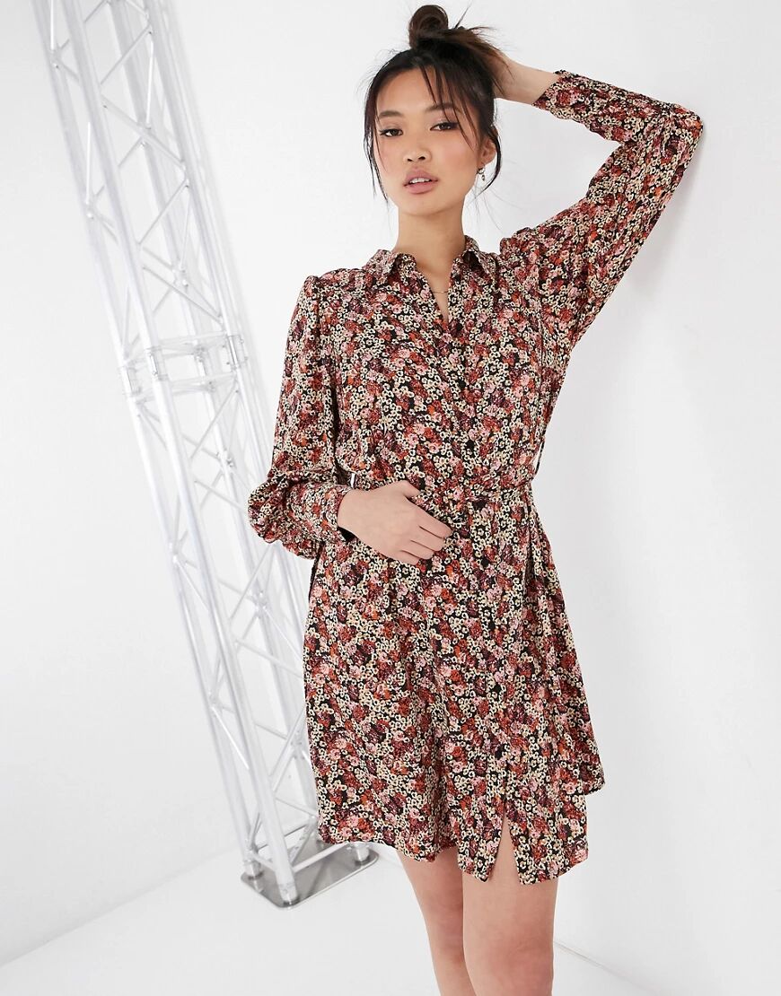 Vero Moda mini shirt dress with belted waist and balloon sleeve in red ditsy floral-Multi  Multi