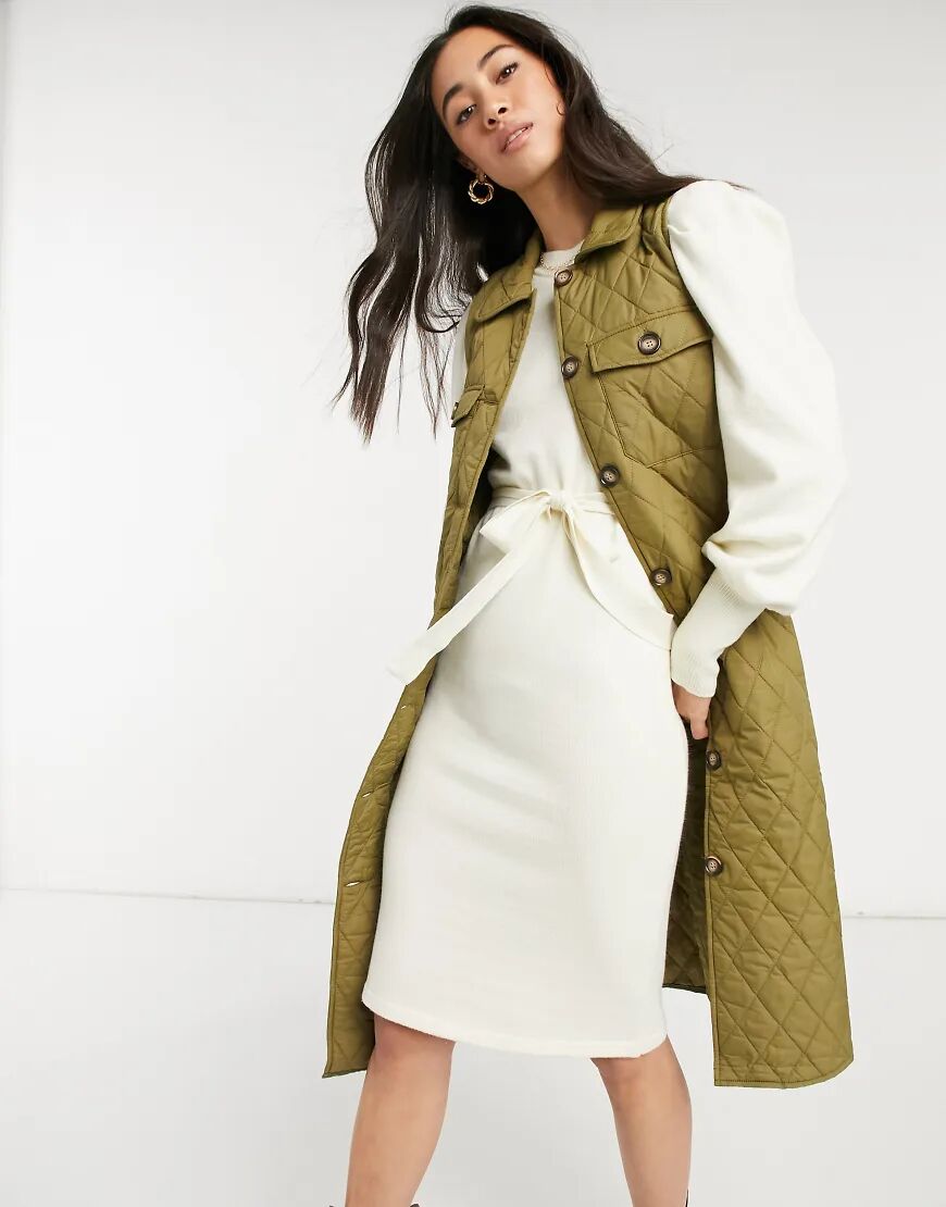 Vero Moda padded longline gilet in khaki-Green  Green