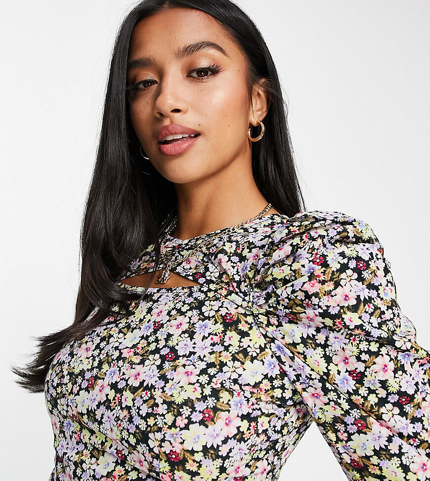 Vero Moda Petite cut out blouse in black ditsy floral-Multi  Multi