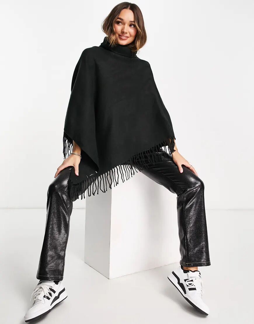 Vero Moda roll neck poncho with tassel hem in black  Black