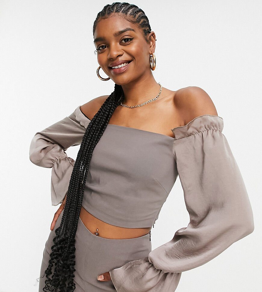 Vesper Tall off shoulder crop top with ruffle detail co-ord in brown  Brown