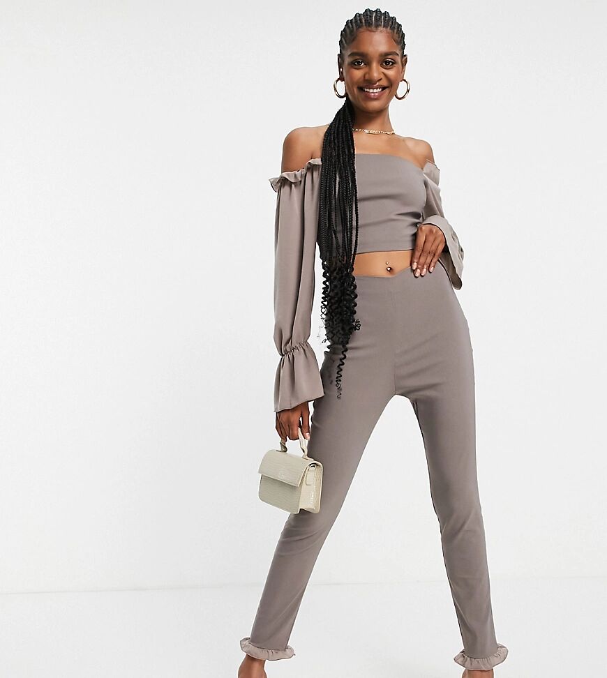 Vesper Tall slim trousers with ruffle detail co-ord in brown  Brown