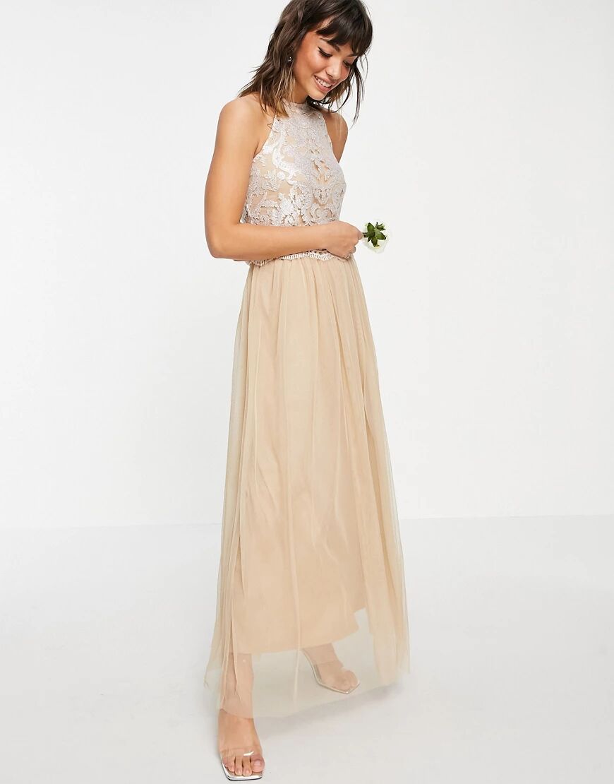 Vila Bridal halterneck dress with sequin body and tulle skirt in champagne-Gold  Gold