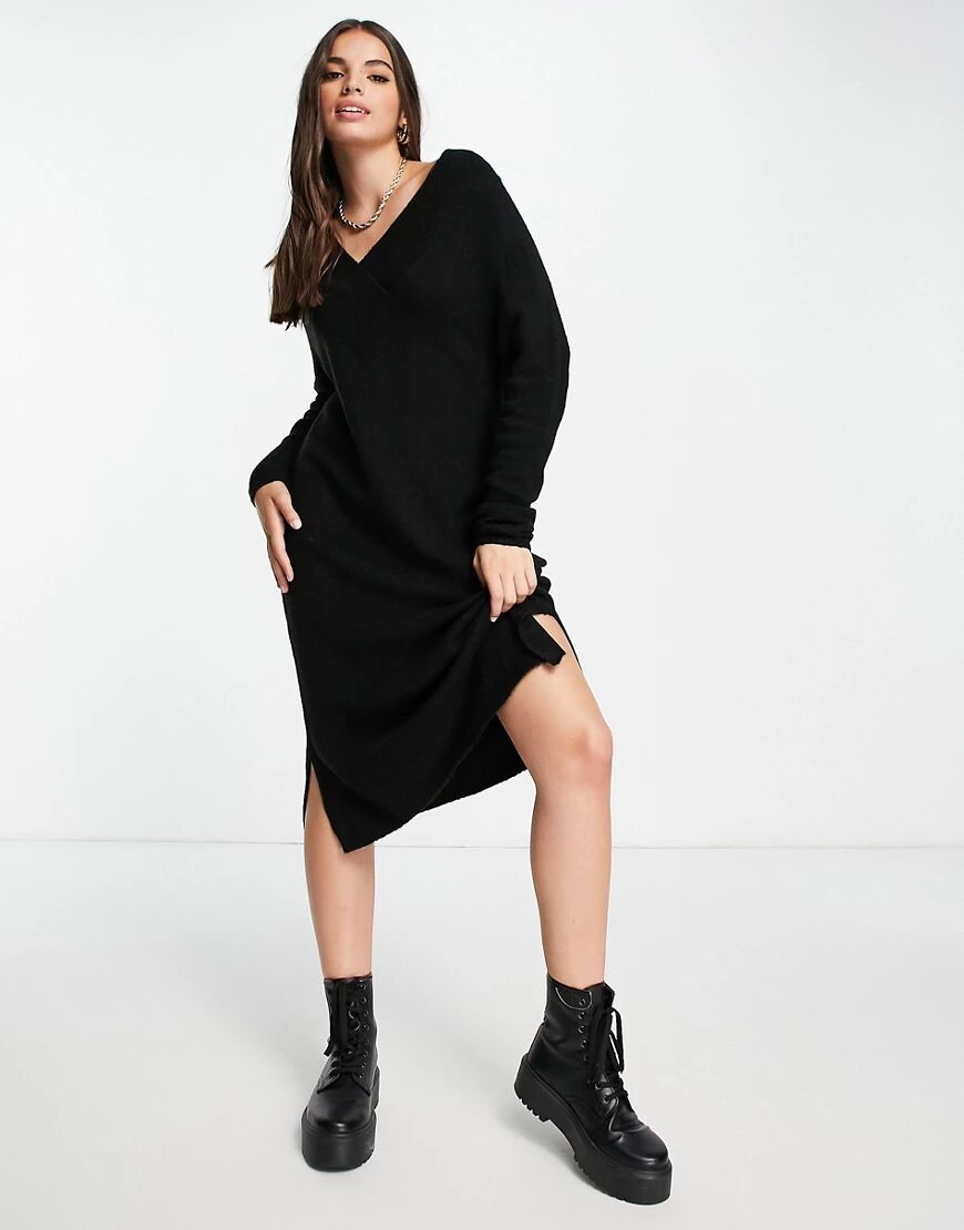 Vila knitted midi dress with wide v neck in black  Black