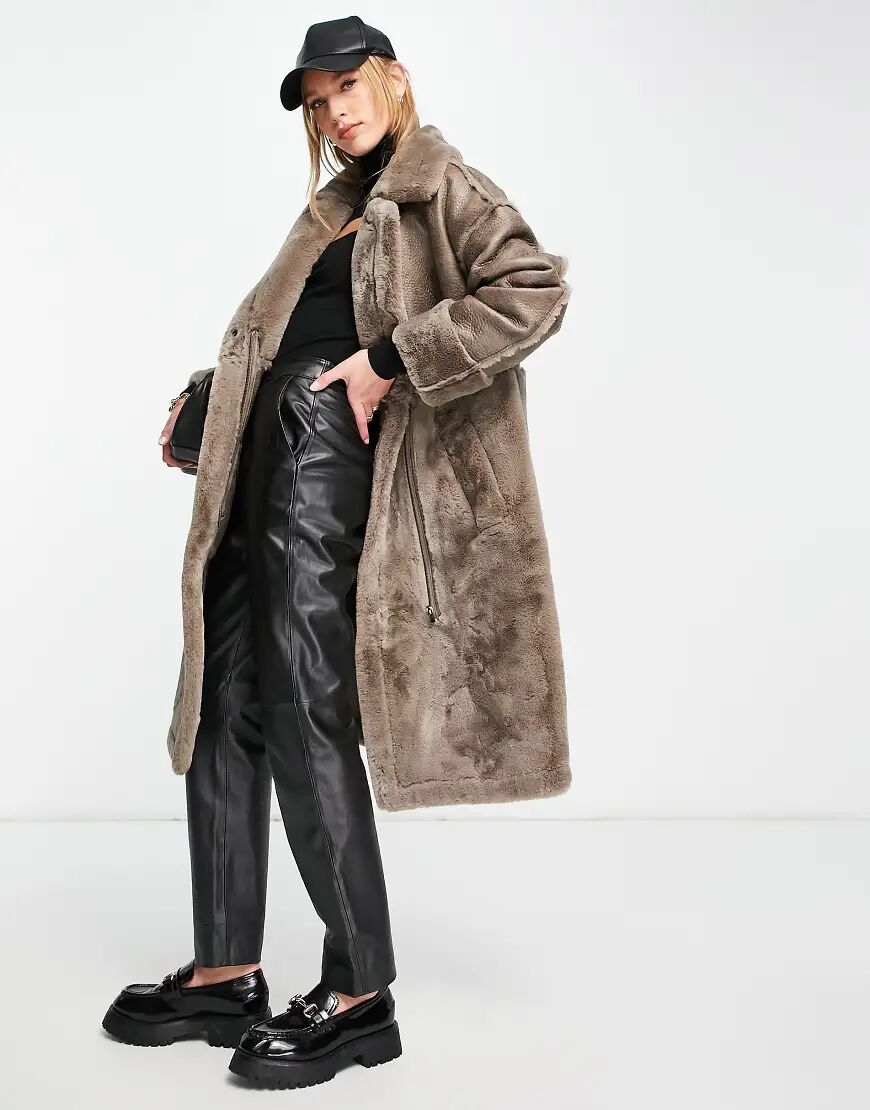 Vila longline shearling coat with panel detail in stone-Neutral  Neutral